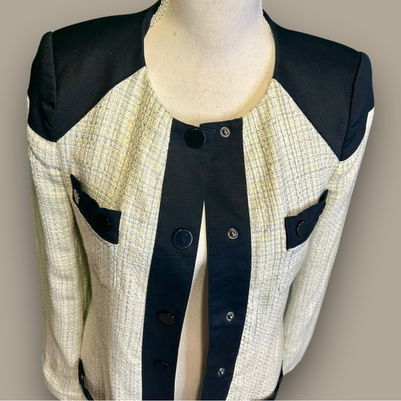 BCBG Paris White & Blue Tweed Oxford Long-Length Snap-Up Pocketed Jacket Size 0 - Picture 3 of 13